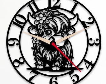 Süßes Highland Kuh Mädchen Wanduhr Gesicht SVG Png Dxf, Färse Kuh Uhrenbasis, Laser geschnitten Dateien für Plasmen, CNC, Glowforge, digitaler Download.
