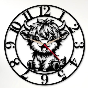 May include: Black circular wall clock featuring a stylized Highland cow design. The clock has a black frame with large, easy-to-read numbers. The cow is centered, with a cute, cartoonish appearance. The clock hands are red.