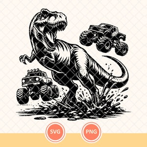 T-Rex Dinosaur Svg, Monster Trucks Svg, rodas grandes, caminhões grandes, design digital, ilustração vintage, arquivo de corte vetorial para Cricut.
