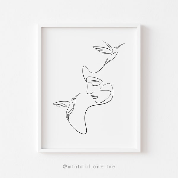 Art au trait minimal de colibri, illustration du corps féminin, dessin au trait d’oiseau, croquis de torse féminin, ligne continue, décor mural de pépinière.