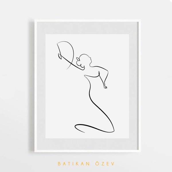 Continuous Line Art, Figure de danseur de flamenco, dessin de danseur latino, art noir et blanc, art mural, art minimaliste, décor mural, imprimable.