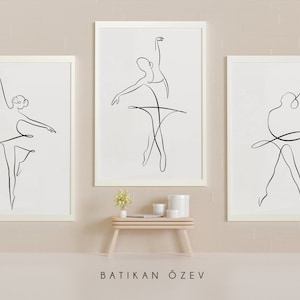 Set von 3 Minimal Ballerina Posen Drucke, abstrakte Ballett Tänzer Poster, weibliche Körper Illustrationen, minimal druckbare One Line Zeichnungen.