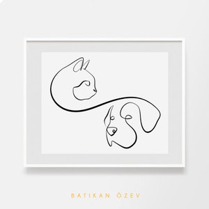 Cat Dog Line Art, Modern Art, Minimal Line Art, Printable Cat Dog Head, Wall Art, Cat and Dog, Dog Art, Graphic Art, Wall Decor, Minimalist.