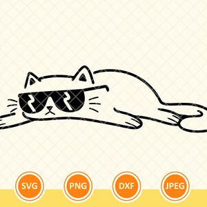 Svg de chat paresseux, Svg de chat drôle de bande dessinée, chat avec des lunettes de soleil, amoureux des chats, Svg de Kitty, maman de chat, autocollant de chat. Couper le fichier vecteur Cricut, Png, Dxf.