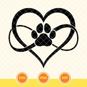 Dog Paw Print Svg, Infinity Symbol Svg, Heart Svg, Line Art Heart Svg, Dog Lover, Dog Mama, Dog Clipart. Bestand knippen Vector Cricut, Png, Dxf.