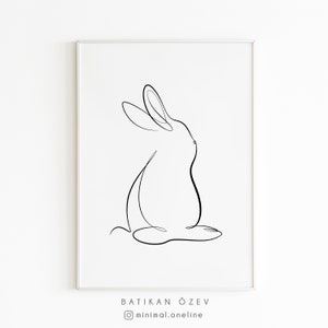 Minimalistyczny rysunek liniowy królika, wydruk sylwetki królika, grafika z jedną linią królika, abstrakcyjny rysunek zwierzęcia, dekoracja ścienna z pojedynczą linią, ilustracja ze sztuką pojedynczej linii.