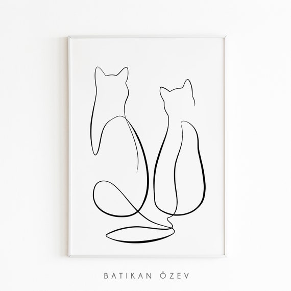 Continuous one line drawing of two cats in minimalism style. Cute