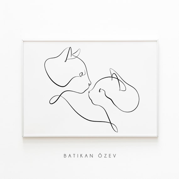 Continuous One Line Drawing of Two Cats in Minimalism Style. Cute