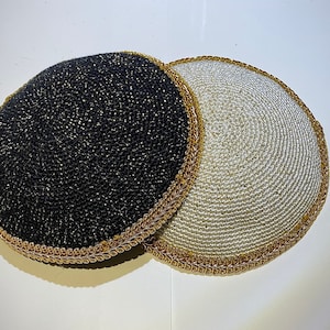 Black or White with Gold Thread and Lace Edge Handmade Crochet Cotton Kippah for Men, Women & Youth several sizes available