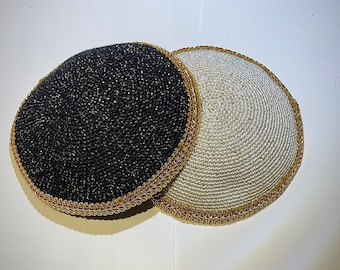 Handmade Crochet Cotton Kippah with Gold Thread and Lace Edge