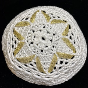 White Pearl Cotton Handmade Crochet Kippah with Decorative Ribbons Star of David for Men, Women & Yoth 5&quot; in Diameter