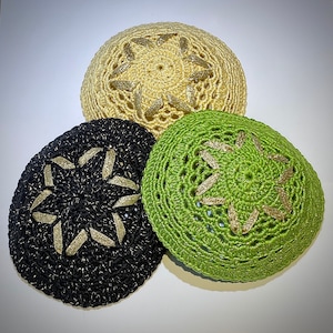 Chartreuse, Yellow or Black with Gold Thread and Gold Ribbon Star of David Handmade Crochet Kippah for Men, women & Youth 5 1/2” in Diameter