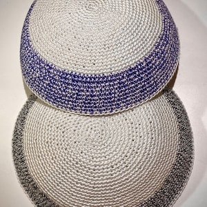 White with Blue or Gray Border Handmade Crochet Pearl Cotton Kippah for Men, Women & Youth several sizes available