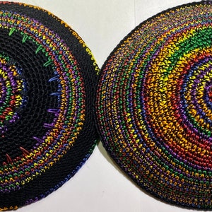 Rainbow Variegated and Black Pearl Cotton Handmade Crochet Kippah for Men, Women & Youth several sizes available.