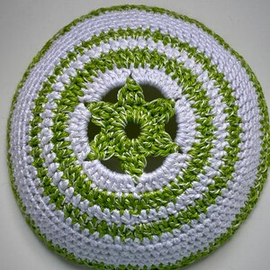 White with Green  Pearl Cotton Handmade Crochet Kippah for Men, Women, 6” in Diameter