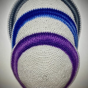 White with Purple, Green, Purple, & more Variegated Edge Handmade Crochet Cotton Kippah for Men, Women and Youth several Sizes Available