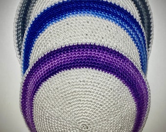 White with Purple, Green, Purple, & more Variegated Edge Handmade Crochet Cotton Kippah for Men, Women and Youth several Sizes Available