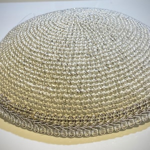 Handmade Crochet Cotton Kippah, Silver Thread & Lace Trim
