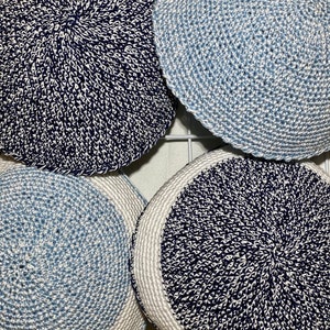 Blue With White Two Threads Handmade Crochet Pearl Cotton Kippah for Men, Women & Youth several sizes available