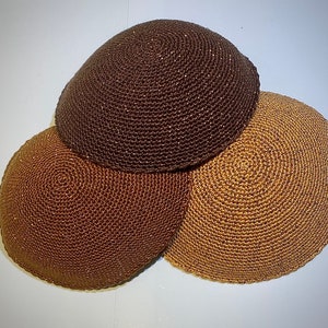 Browns; Light, Medium, Dark, with Copper Thread Festive Handmade Crochet Pearl Cotton Kippah for Men, Women & Youth 3 sizes available