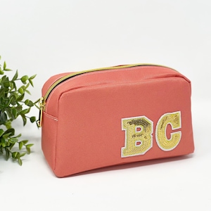 Medium Customized Cosmetic Bag, Personalized Makeup Bag with Varsity letters, Sew On Patch Bag, Bridesmaid Gifts, Mother&#39;s day gift