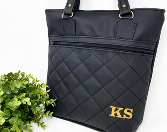 Black tote bag for woman, Personalized shoulder bag, Monogram tote bag, Vegan leather tote bag, Gift for her, Personalized gift for mom