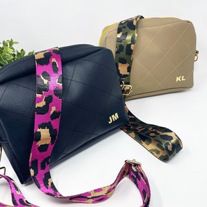 Umhängetasche personalisiert, Kameratasche, Schultertasche für Damen, wählen Sie Ihre Leopardenfarbe Gitarrengurt, personalisiertes Geschenk für Frauen