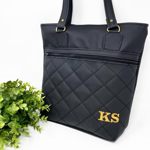 Black tote bag for woman, Personalized shoulder bag, Monogram tote bag, Vegan leather tote bag, Gift for her, Personalized gift for mom