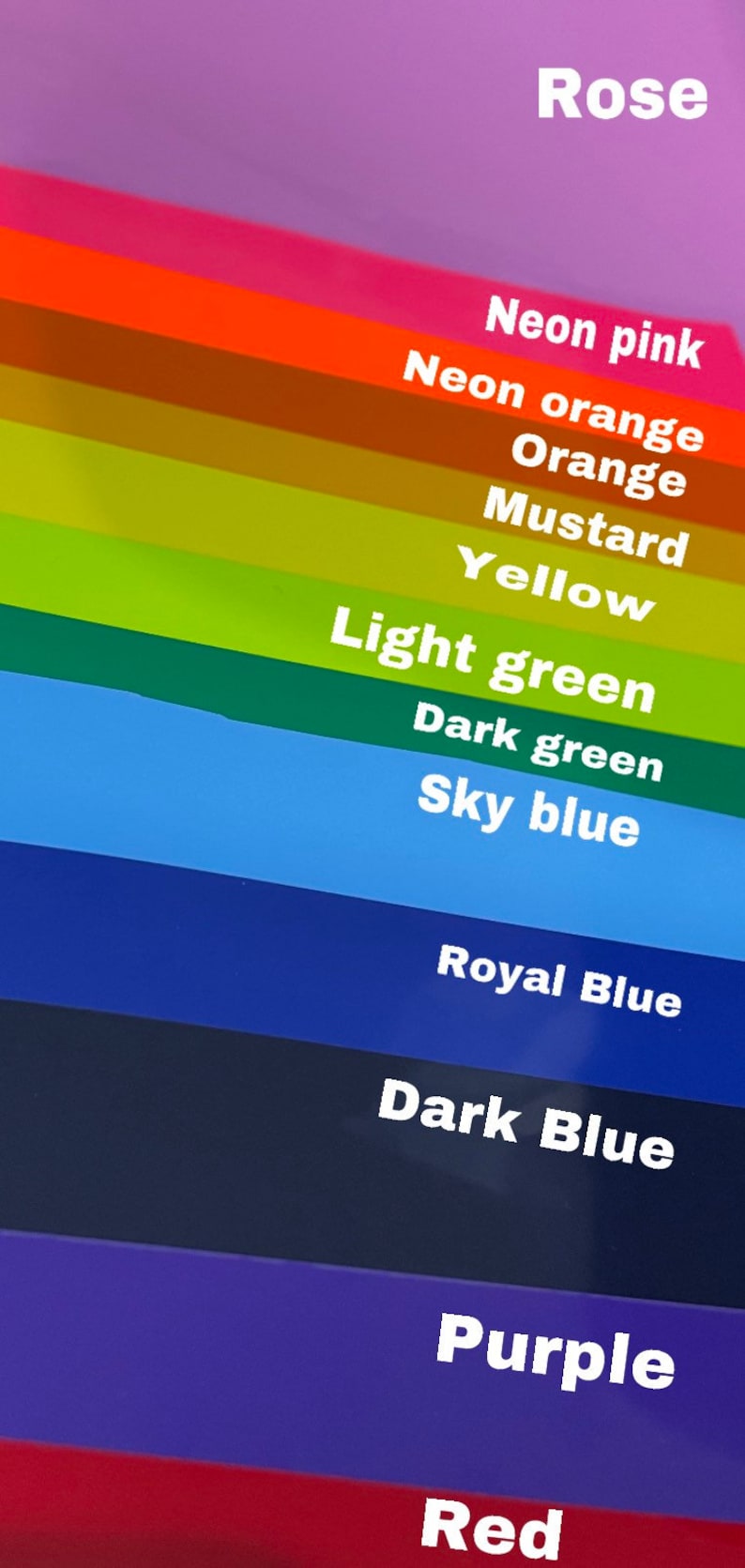 May include: A color chart with 12 different colors, including rose, neon pink, neon orange, orange, mustard, yellow, light green, dark green, sky blue, royal blue, dark blue, purple, and red.