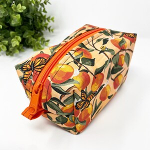 Foral makeup bag, Boxy makeup bag, Makeup organizer, Toiletry bag women, Large makeup bag, Zipper pouch, oranges and butterflies