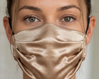Mascarilla facial de satén de seda, mascarilla de satén, mascarilla para bodas, 2 capas, tallas para adultos y niños, correa ajustable disponible.