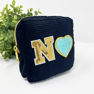 Small Makeup pouch with varsity letter Patches, Corduroy cosmetic bag, Travel pouch, Bridesmaid Gift