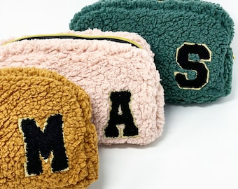 Stoney klaver, Sherpa make-up tas, Badstof make-up tas, Bruin geruite make-up tas, Reizen Cosmetische Tas, Bruidsmeisje Cadeau, Verjaardagscadeau