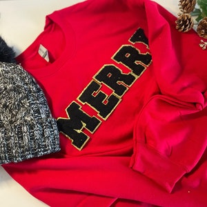 Moletom de Natal com remendo de chenille, moletom com letras do time do colégio de chenille personalizado, gola redonda, suéter de feliz Natal, presentes de Natal para mulheres