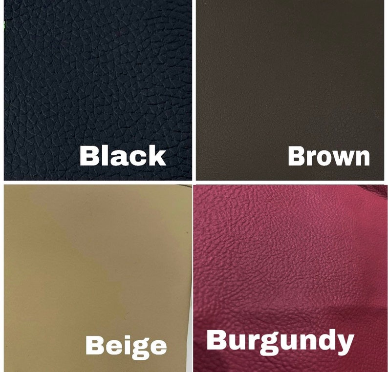 May include: Four swatches of leather in different colors: black, brown, beige, and burgundy.