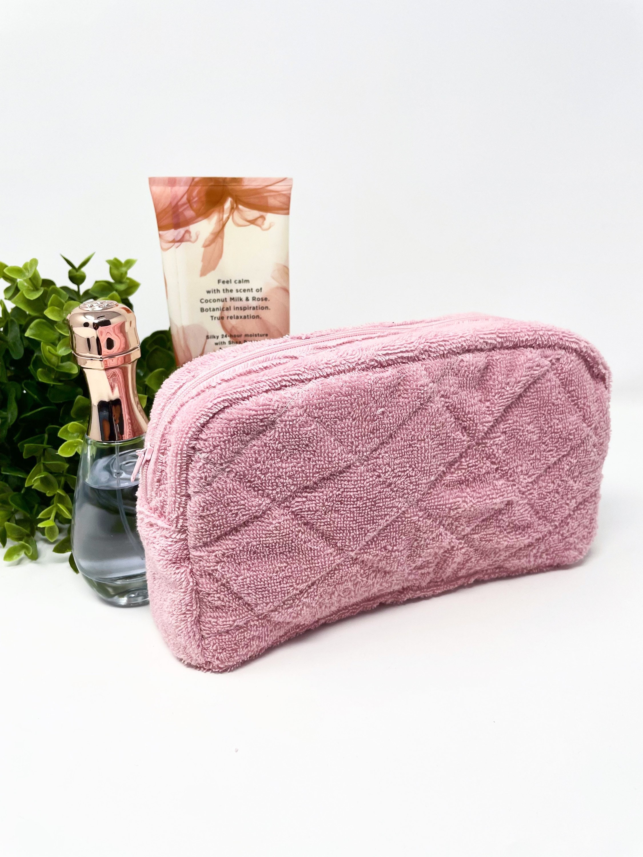 MIROSIE Terry Cloth Makeup Pouch Cotton Zipper Cosmetic Pouch Trendy Preppy  Quilted Travel Makeup Bag Skincare Toiletry Bag