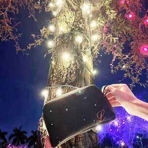 May include: A black clutch bag with a gold tassel and the letter "L" embroidered on the front. The bag is held in front of a tree with white lights wrapped around it.