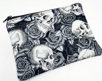 Gothic cosmetic bag, Skeleton Makeup bag, Skull and roses