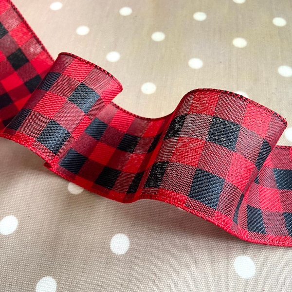 Red and Black Buffalo Plaid, Extra Wide Christmas Ribbon, Wired Edge, 63mm Wide.
