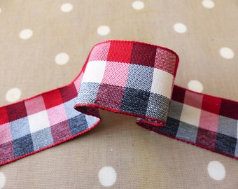 Red, Grey & White Check Wired Edge Christmas Ribbon, 38mm Wide