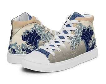 Great Wave Art High Top Sneakers | Japanese Print Canvas Shoes