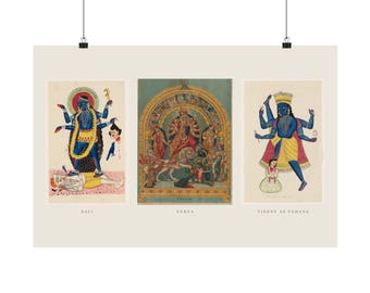 Hindu Gods Triptych Poster or Canvas, Kali Durga Vishnu Wall Art, Indian Deity Set of 3, Kalighat Painting Decor, Spiritual Yoga Room Gift