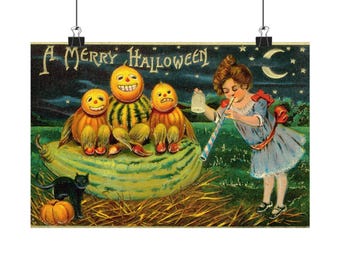 Merry Halloween Vintage Poster, Antique Postcard Wall Art, Jack O Lantern Pumpkin Print, Retro 1910 Fall Decor, Spooky Cute Nursery Gift