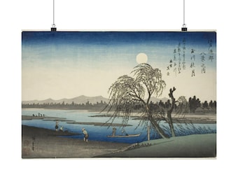 Hiroshige Autumn Moon Poster or Canvas, Japanese Woodblock Wall Art, Tama River Ukiyo-e Print, Willow Night Sky Decor, Japandi Zen Gift