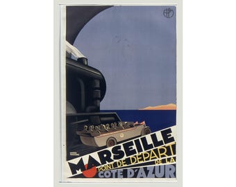 Marseille Vintage Travel Poster or Canvas, Cote d Azur Art Deco Print, Roger Broders 1929 Steam Train Wall Decor, French Riviera Gift
