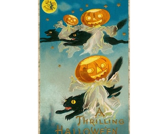 Black Cat Halloween Art Print, Vintage 1910 Postcard Poster, Flying Cats Jack O Lantern Wall Decor, Antique Spooky Fall Gift, Witchy Room