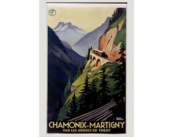Chamonix Vintage Travel Poster or Canvas, Swiss Alps Mountain Railway Print, Roger Broders 1930 Art Deco Wall Decor, Ski Chalet Gift