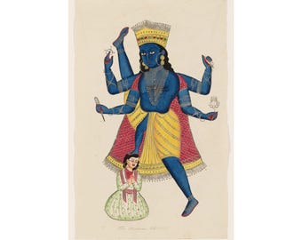 Vishnu Poster, Vamana Avatar Kalighat Painting Wall Art, Hindu God Print, Vintage Indian Folk Decor, Bengal Watercolor, Spiritual Gift