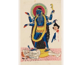 Kali Shiva Poster, Kalighat Painting Wall Art, Hindu Goddess Print, Vintage Indian Folk Style, Bengal Watercolor Decor, Spiritual Yoga Gift