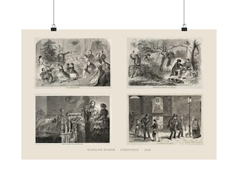 Victorian Christmas Poster or Canvas, Winslow Homer 1858 Print Set of 4, Vintage Santa Claus Art, Antique Xmas Tree Decor, Holiday Gift